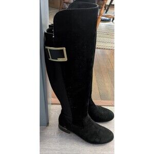Calvin Klein Women's Black Suede Over-The- Knee Boots Gold Buckle Size 10